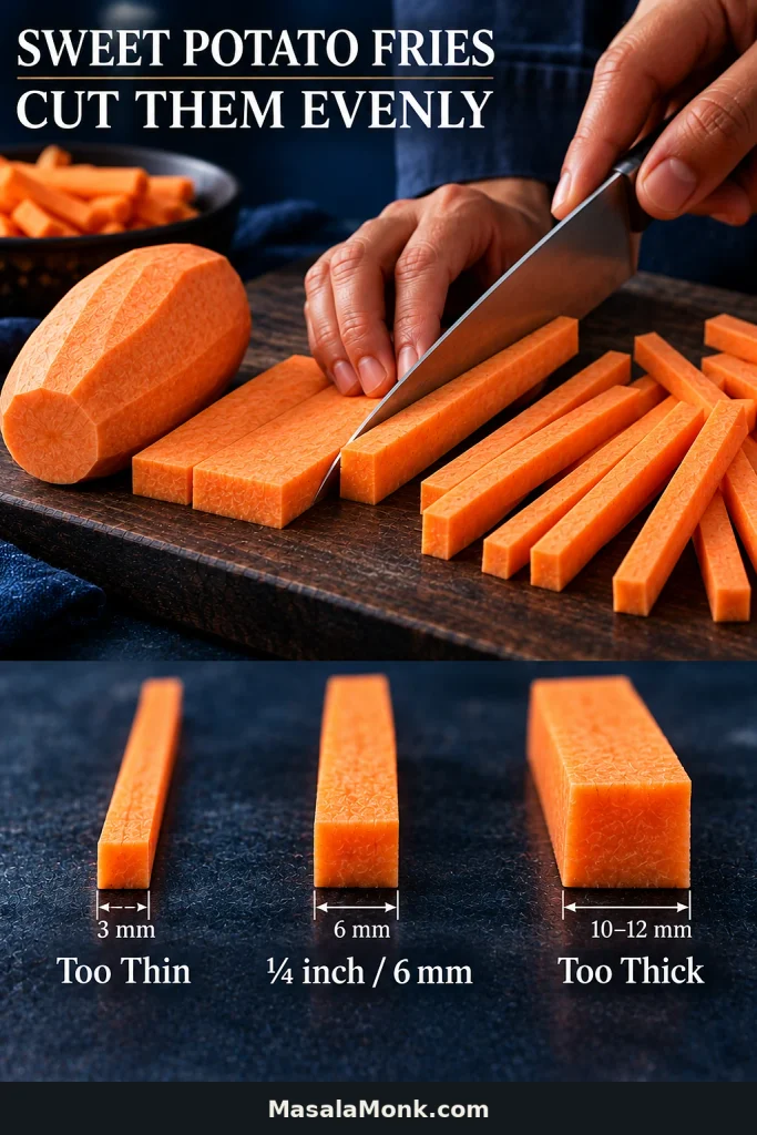 Hands cutting a peeled sweet potato into sticks, with examples comparing a thin 3 mm fry, a ¼-inch or 6 mm target fry and a much thicker fry.