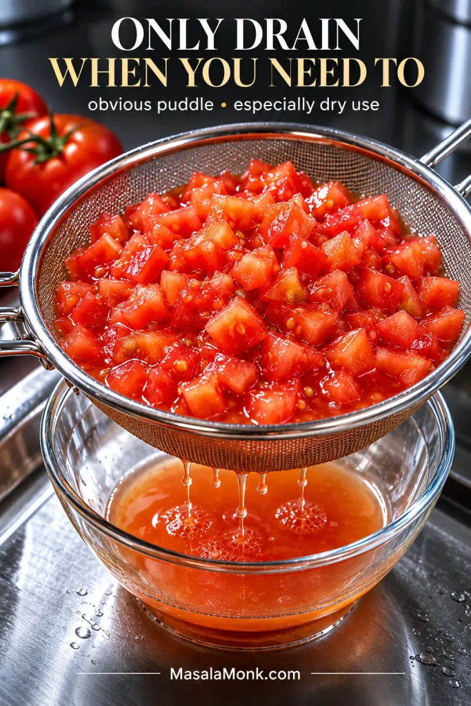 Diced tomatoes in a fine-mesh strainer draining red tomato liquid into a clear glass bowl.