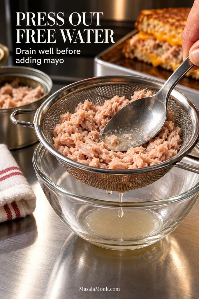 A spoon gently pressing canned tuna in a fine-mesh strainer over a bowl as a small amount of liquid drains below.