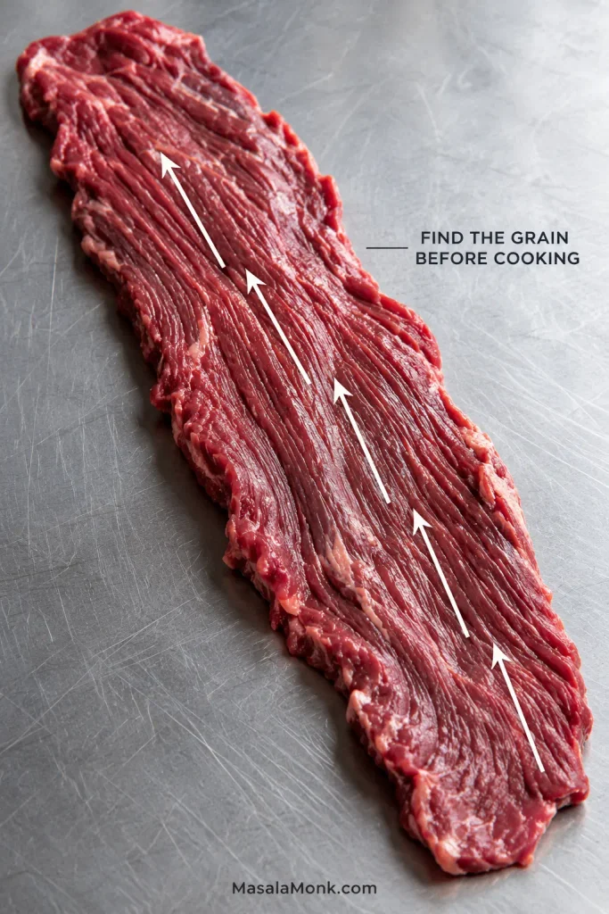 Raw outside skirt steak on stainless steel with arrows tracing the long muscle fibers and text reading 'Find the grain before cooking.'