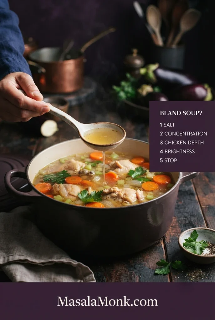 Spoon of chicken soup beside a diagnostic guide listing salt, concentration, chicken depth, brightness and stopping when balanced.