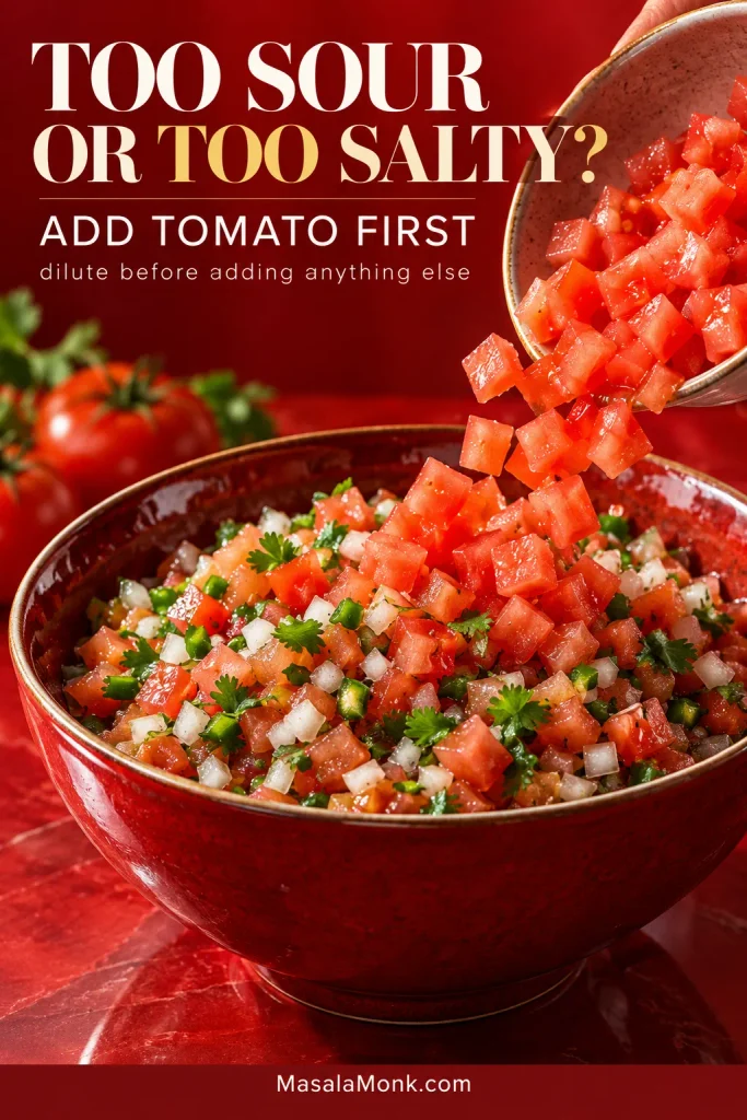Plain diced tomato being added to a bowl of pico de gallo to correct the seasoning.