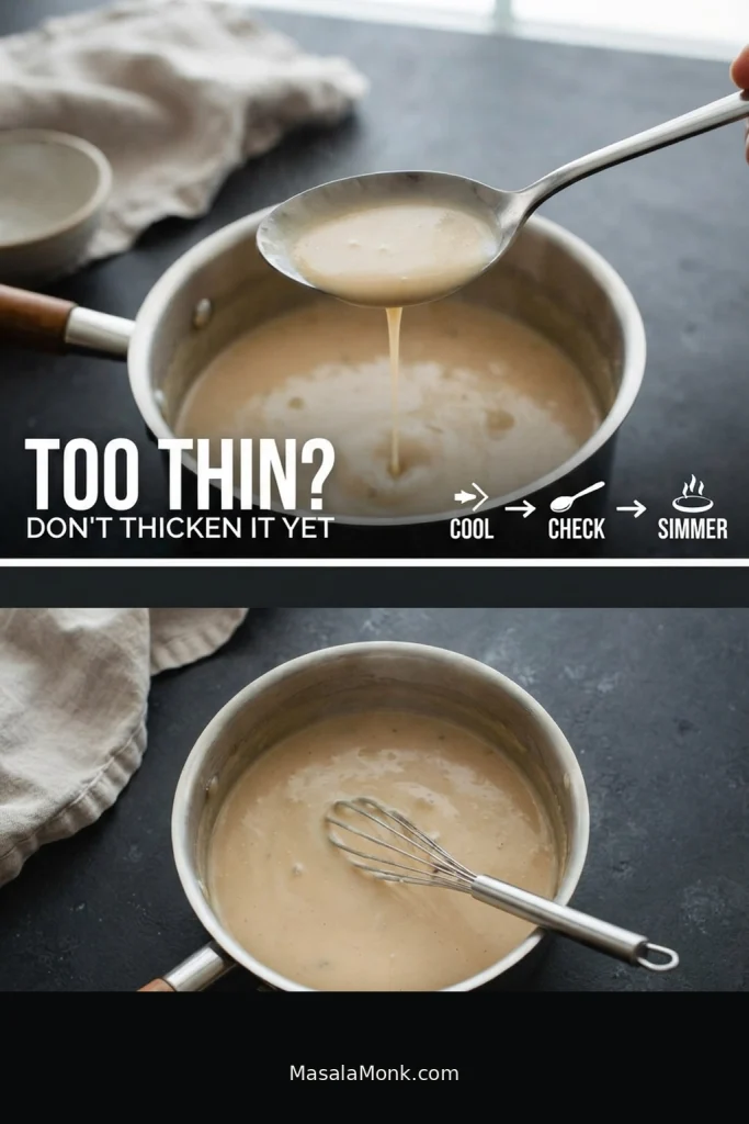 Thin creamy gravy lifted from a skillet, with a three-step visual showing cool, check and simmer before adding thickener.