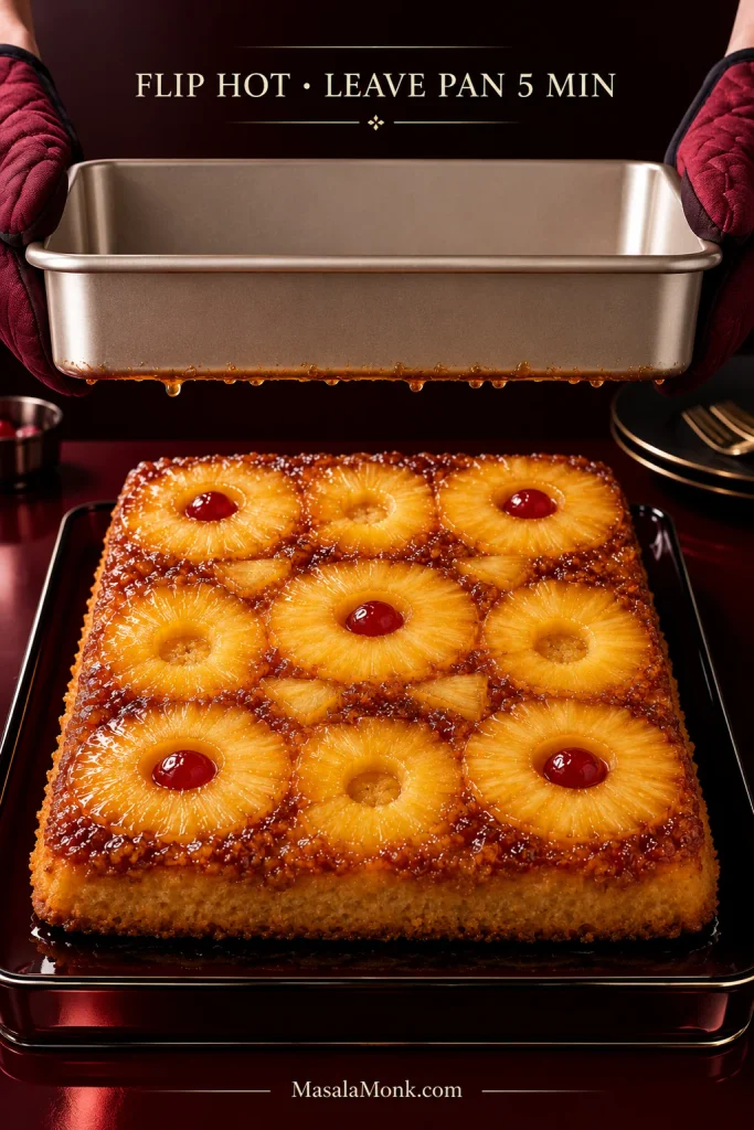 Rectangular baking pan being lifted vertically from an inverted pineapple upside-down cake resting flat on a serving platter.