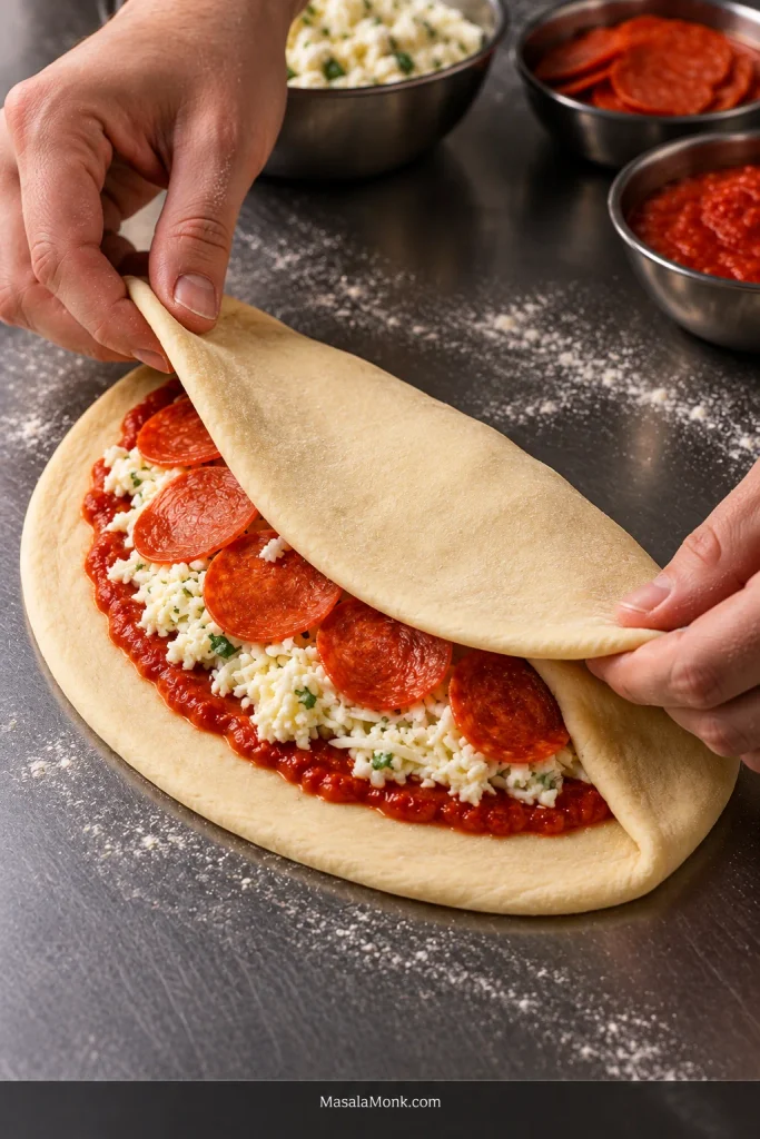 Two hands folding one half of raw pizza dough over a pepperoni, ricotta-mozzarella and marinara filling, with the filling kept away from the outer edge.