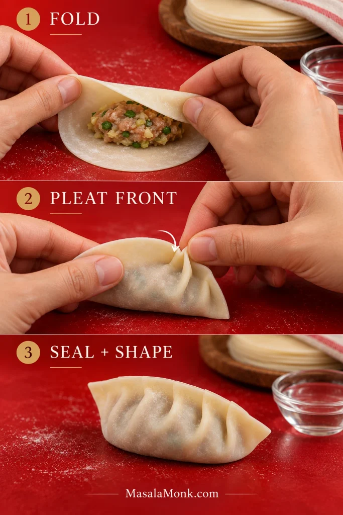 Three-step gyoza folding sequence showing a wrapper folded over filling, the front edge being pleated and the finished sealed crescent dumpling.