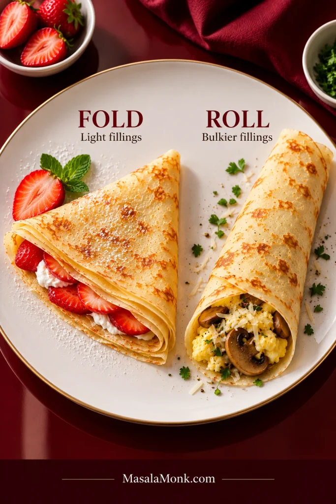 Quarter-folded strawberry-and-cream crepe beside a rolled savory crepe filled with eggs, mushrooms, and cheese.