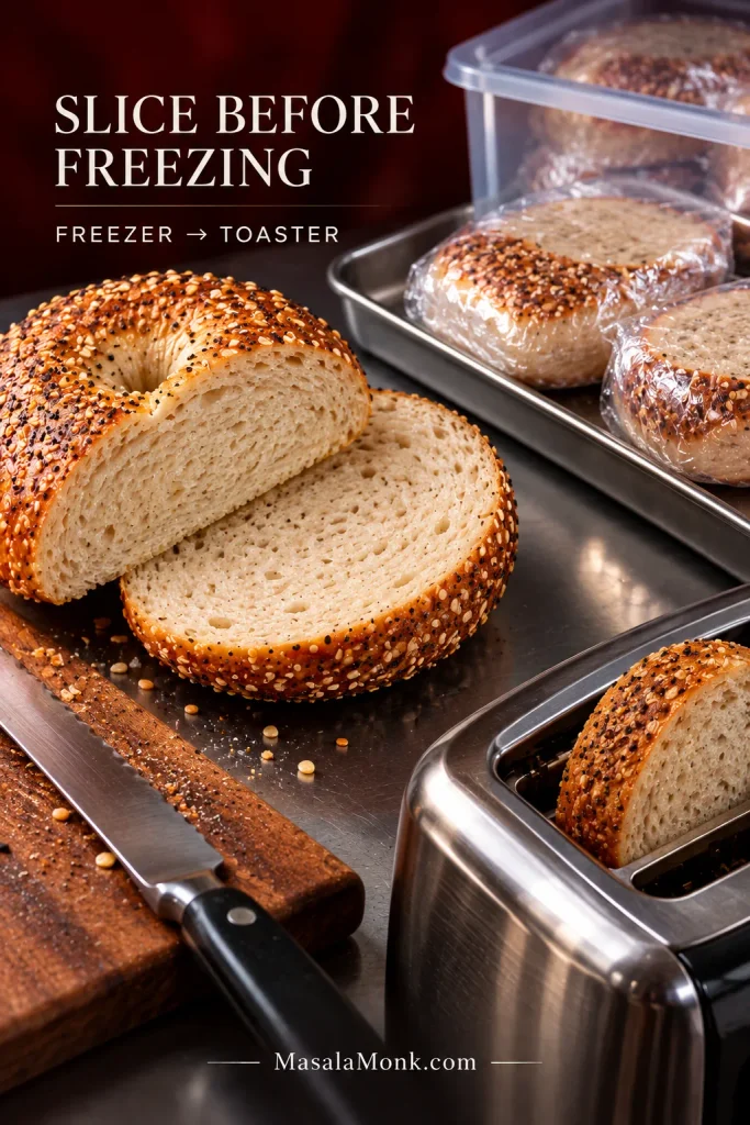 Sliced everything bagel beside wrapped bagel halves prepared for freezing, with one frozen half positioned in a stainless-steel toaster.