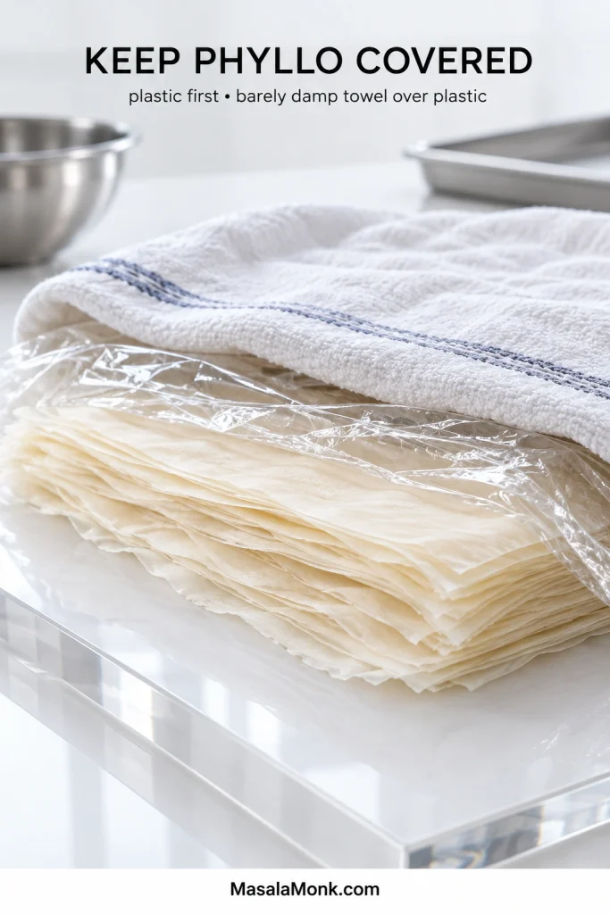 Stack of raw paper-thin phyllo covered first with clear plastic wrap and then with a barely damp kitchen towel.