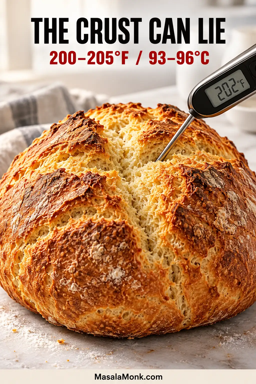 Golden soda bread with a probe thermometer inserted into the center, showing a 202°F reading and a target range of 200–205°F, or 93–96°C.