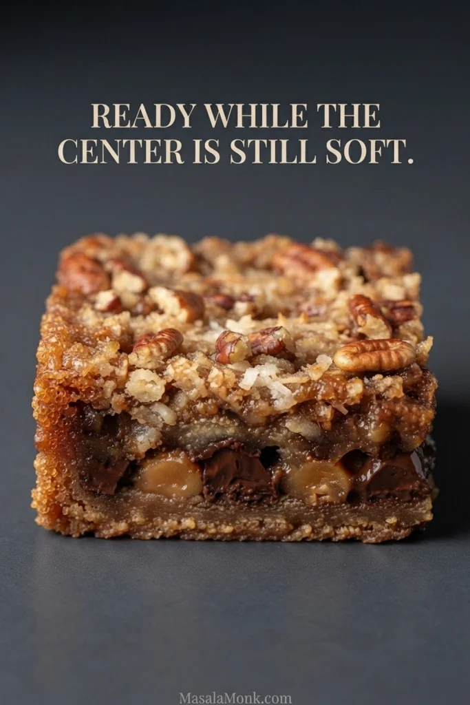 Close-up of a baked Magic Cookie Bar with browned edges and a softer center. Text reads “Ready while the center is still soft.”