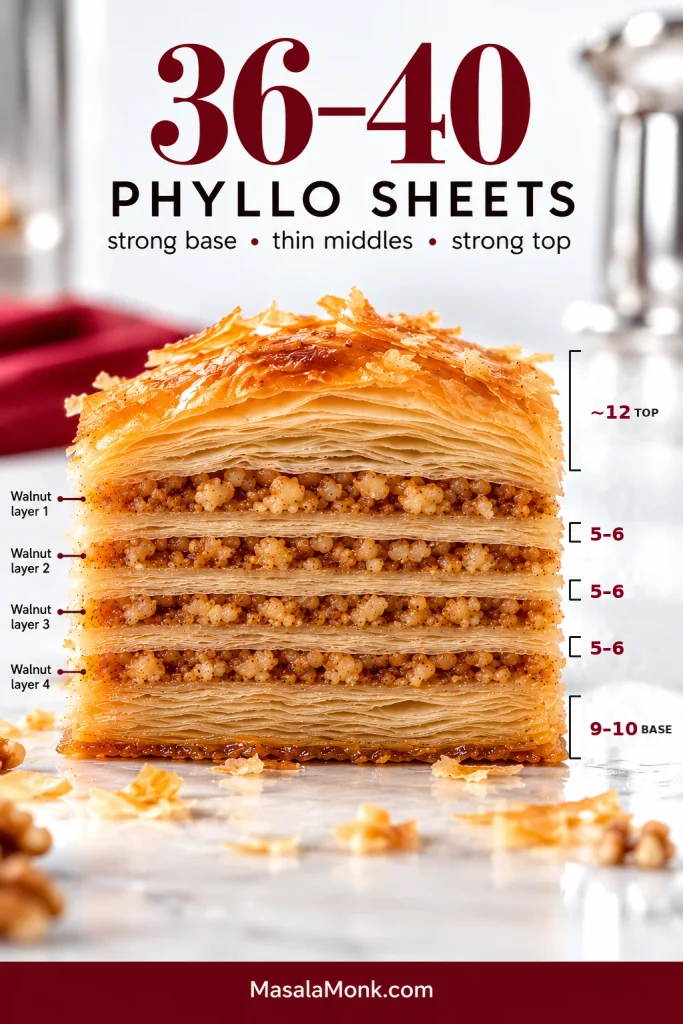 Baklava layer guide showing about 9–10 phyllo sheets at the base, three 5–6-sheet middle stacks, about 12 sheets on top and four walnut layers between them.