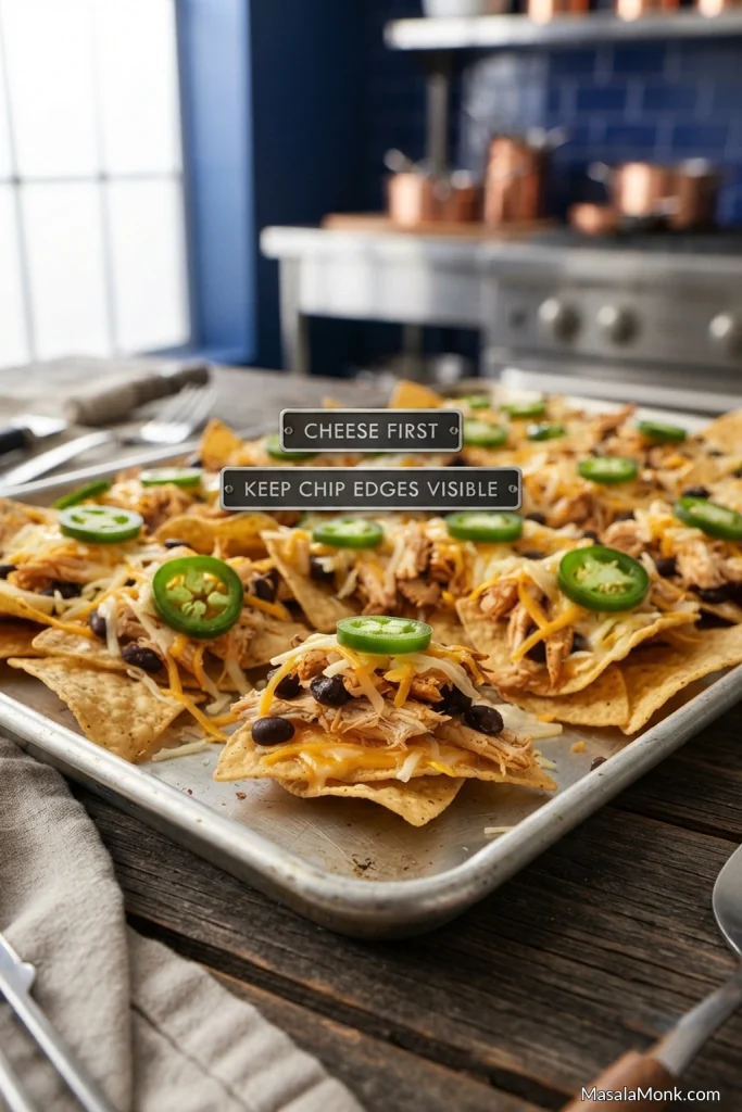 Sheet pan demonstrating layers of tortilla chips, cheese, shredded chicken, black beans and more cheese while leaving chip edges exposed.