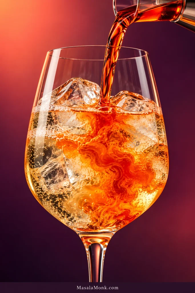 Orange Aperol being poured into a wine glass containing sparkling Prosecco and large ice cubes, forming orange ribbons through the pale wine.