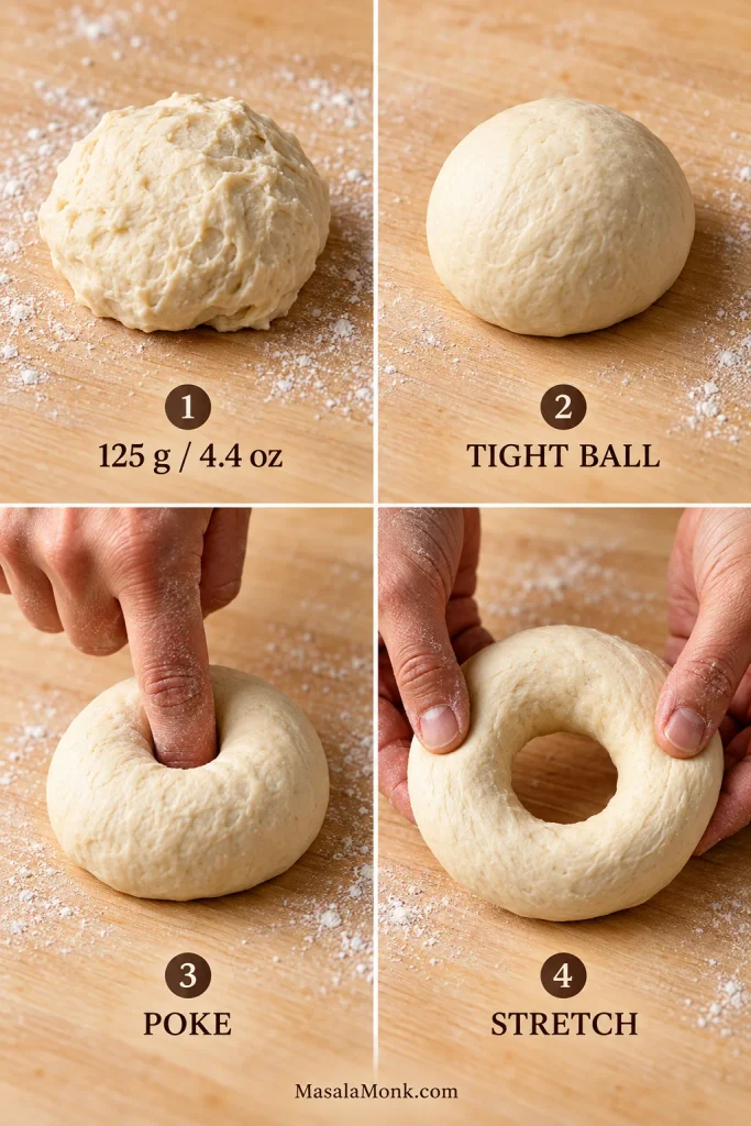 Four-step bagel shaping sequence showing a 125-gram dough portion formed into a ball, pierced through the center and stretched into a ring.