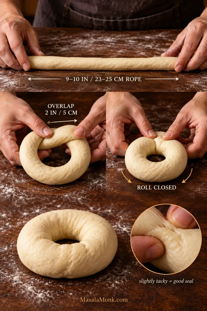 Hands shaping bagel dough with the rope method, including a 9- to 10-inch rope, overlapping ends and a rolled closed seam.