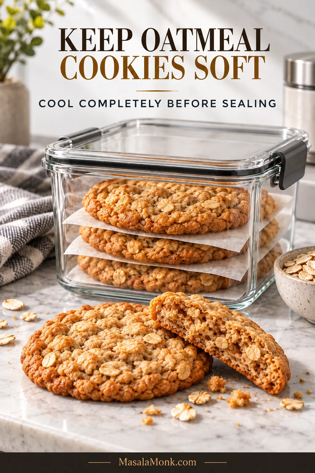 Fully cooled oatmeal cookies layered with parchment in a closed glass container, with a broken cookie in front showing a cohesive chewy center.