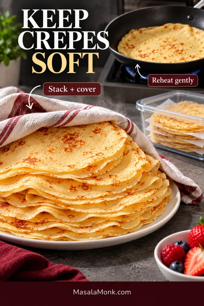 Stack of cooked crepes partly covered with a cloth, with one crepe reheating in a skillet and another stack stored between parchment sheets.