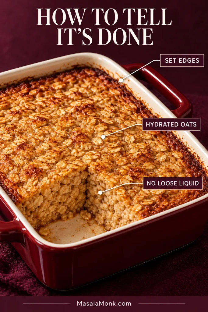 Educational guide showing a baked oatmeal pan with labels pointing to set golden edges, hydrated oat flakes and the absence of loose liquid in the center.