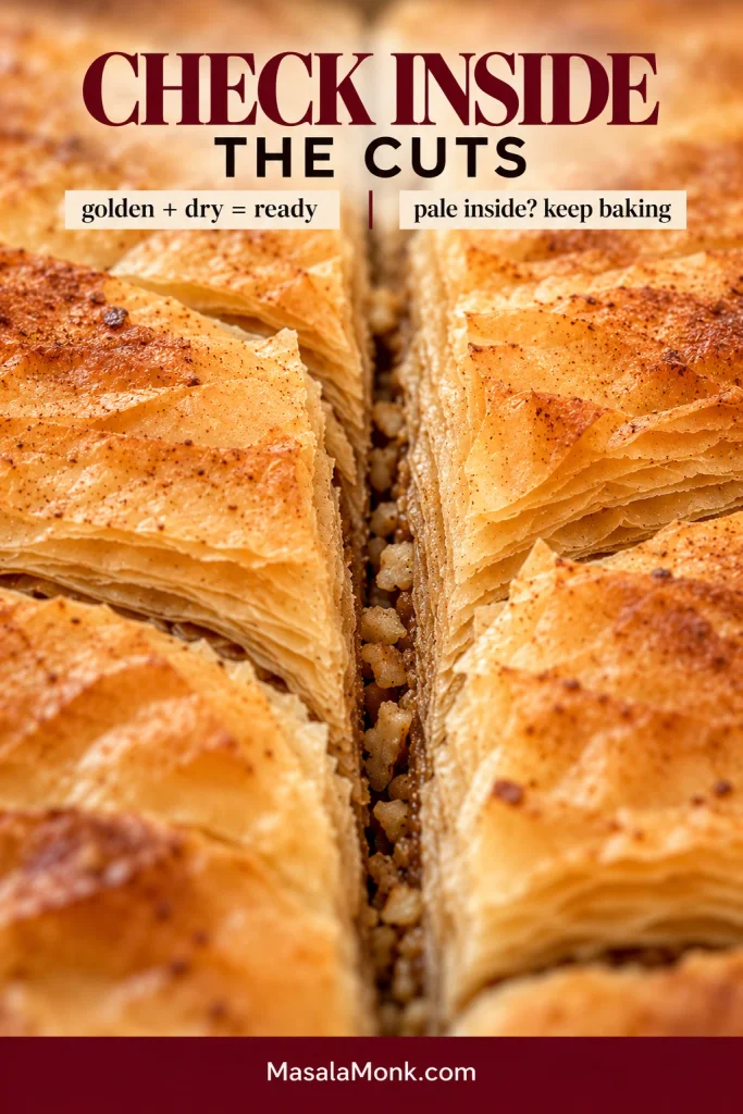 Close view into a narrow cut seam in baked baklava showing dry golden inner phyllo layers.