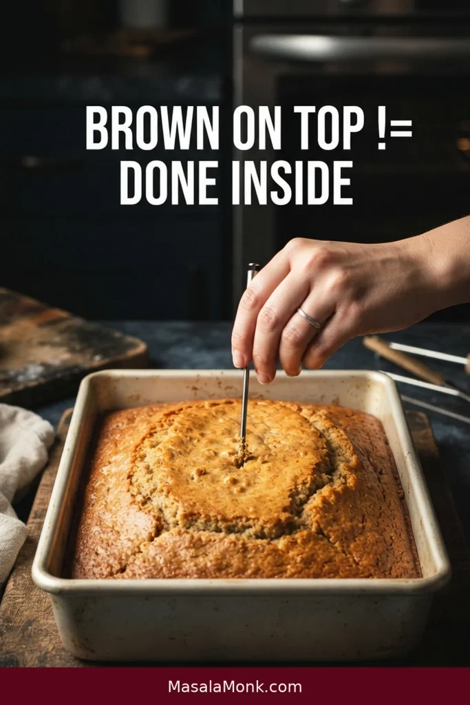 A cake tester enters the center of a golden banana sheet cake in a rectangular metal pan.
