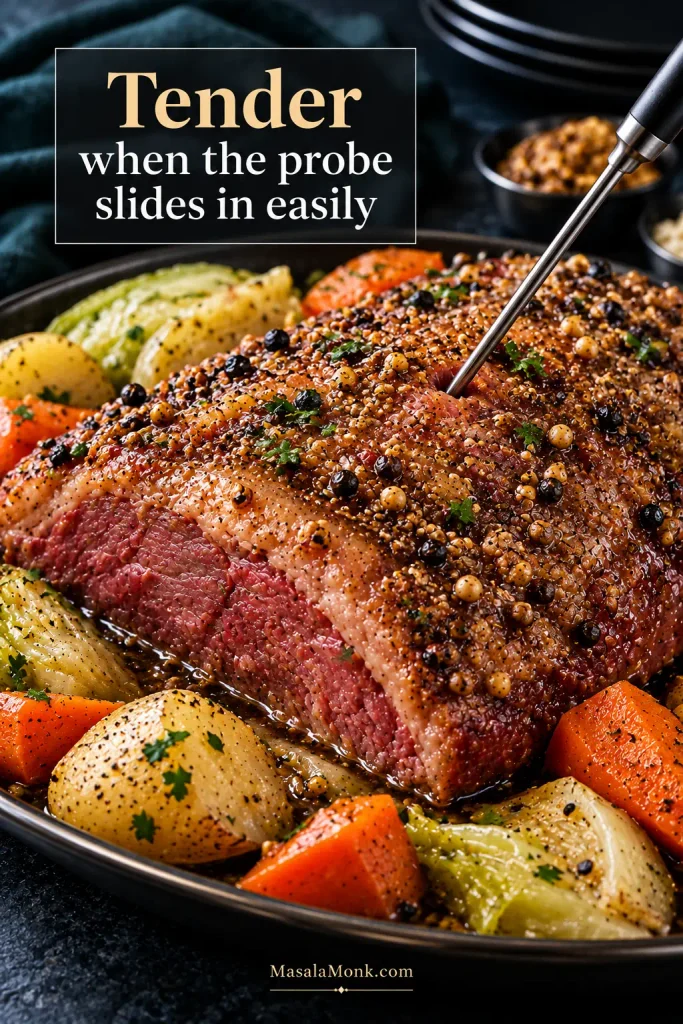 A thin probe inserted into the thickest part of a whole cooked corned beef brisket to test tenderness before slicing.