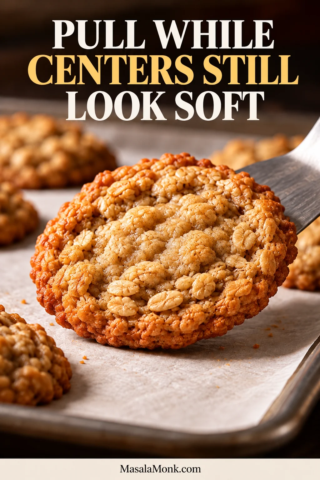 Oatmeal cookie lifted from a parchment-lined baking sheet with a set golden edge and a softer, lighter center.