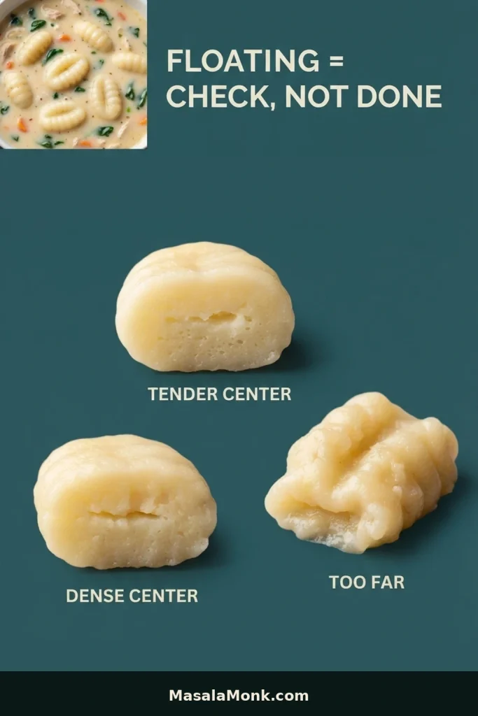 Gnocchi doneness guide comparing a tender potato gnocchi center with a dense undercooked center and a soft, gummy overcooked gnocchi.