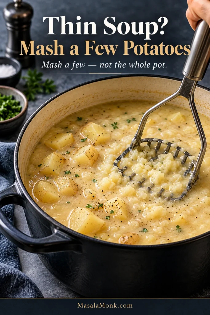Potato masher pressing into one area of creamy soup while many tender potato chunks remain intact.