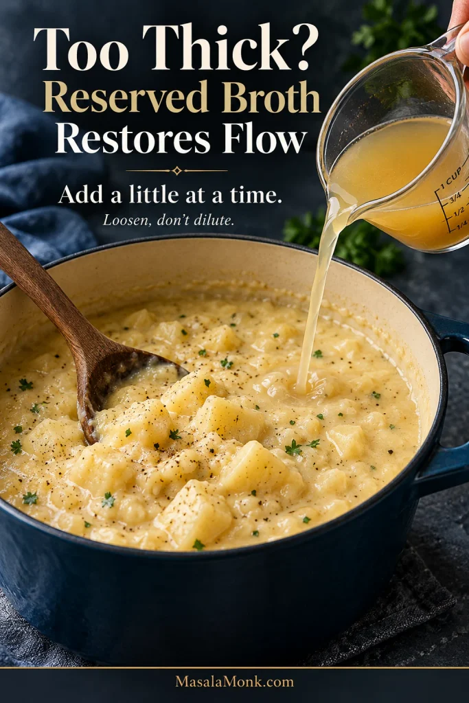Small measuring jug pouring reserved broth into a pot of thick potato soup with visible soft potato chunks.