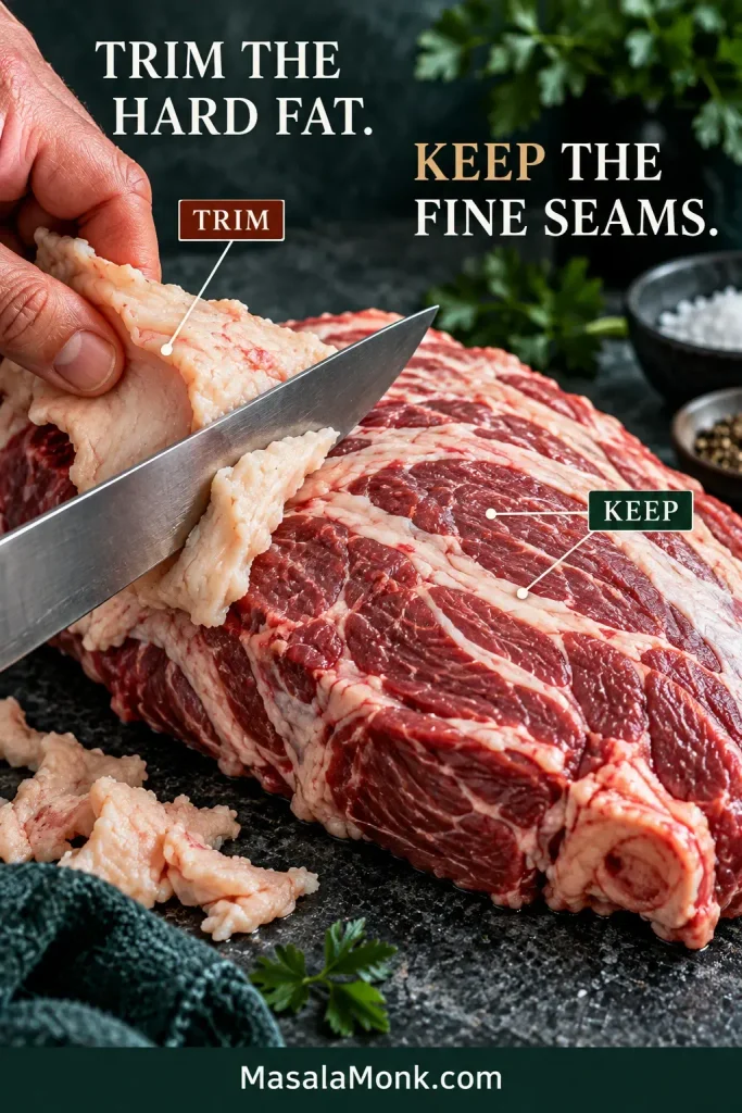 Knife trimming a thick strip of exterior fat from raw lamb shoulder while the finer seams of fat inside the meat remain.