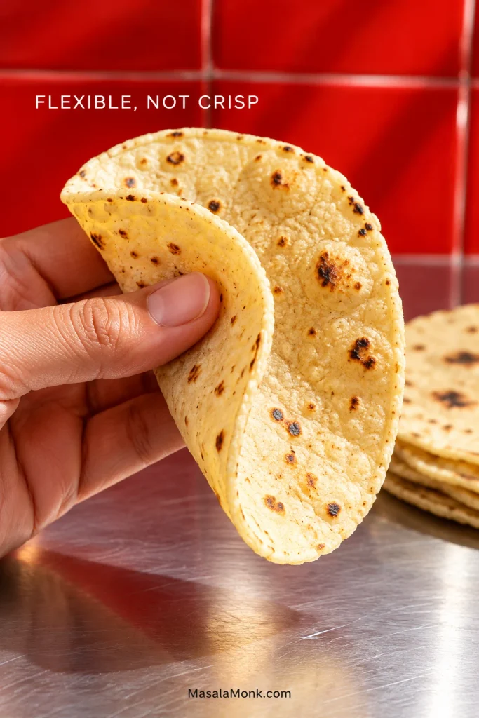 Hand bending a small toasted corn tortilla without cracking against a red tile background, with text reading 'Flexible, not crisp.'
