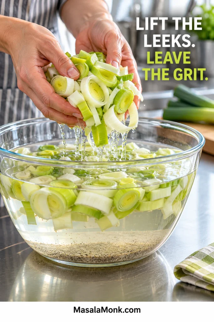 Sliced leeks being lifted from a bowl of cold water while grit remains settled at the bottom.