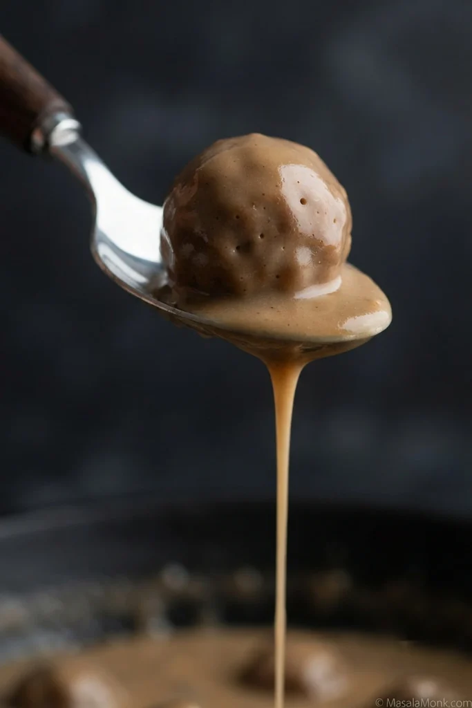 Close-up of one Swedish meatball on a spoon coated in smooth brown-beige gravy, with the sauce falling from the spoon in a slow ribbon.