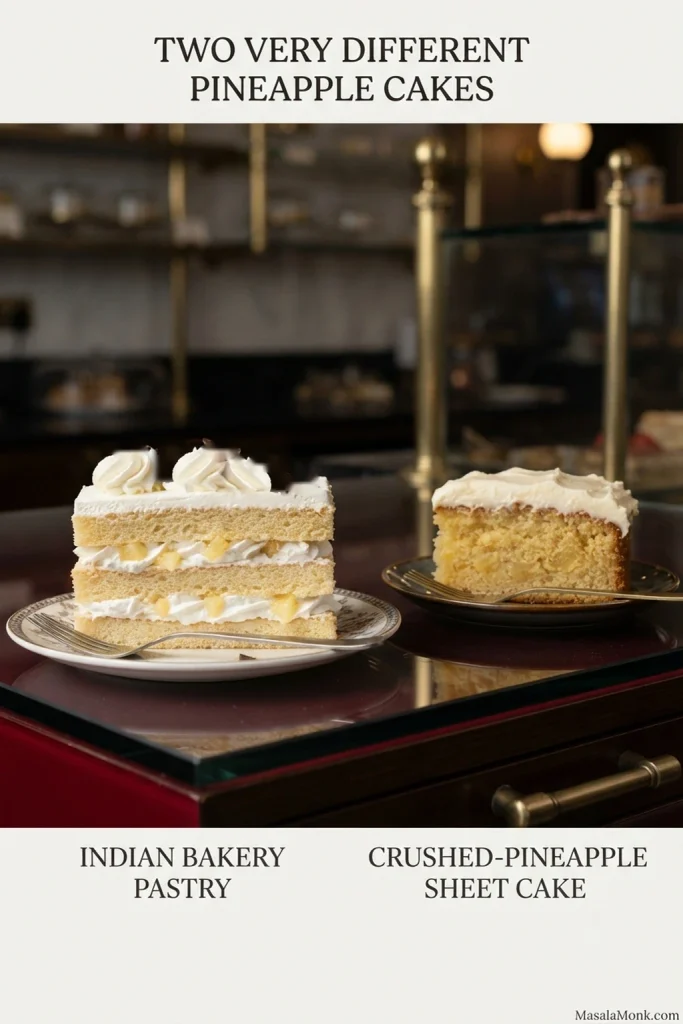 Indian bakery-style layered pineapple pastry with whipped cream beside a single-layer crushed-pineapple sheet cake with cream cheese frosting.