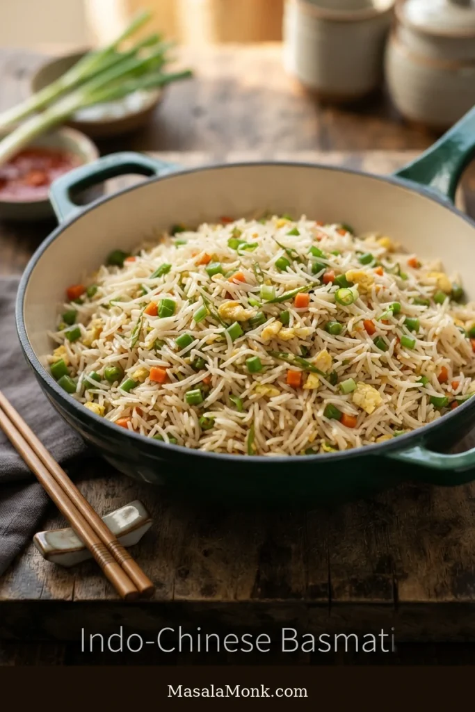 Indo-Chinese egg fried rice with long, slender basmati grains, visible egg pieces, finely diced vegetables and sliced green chile.