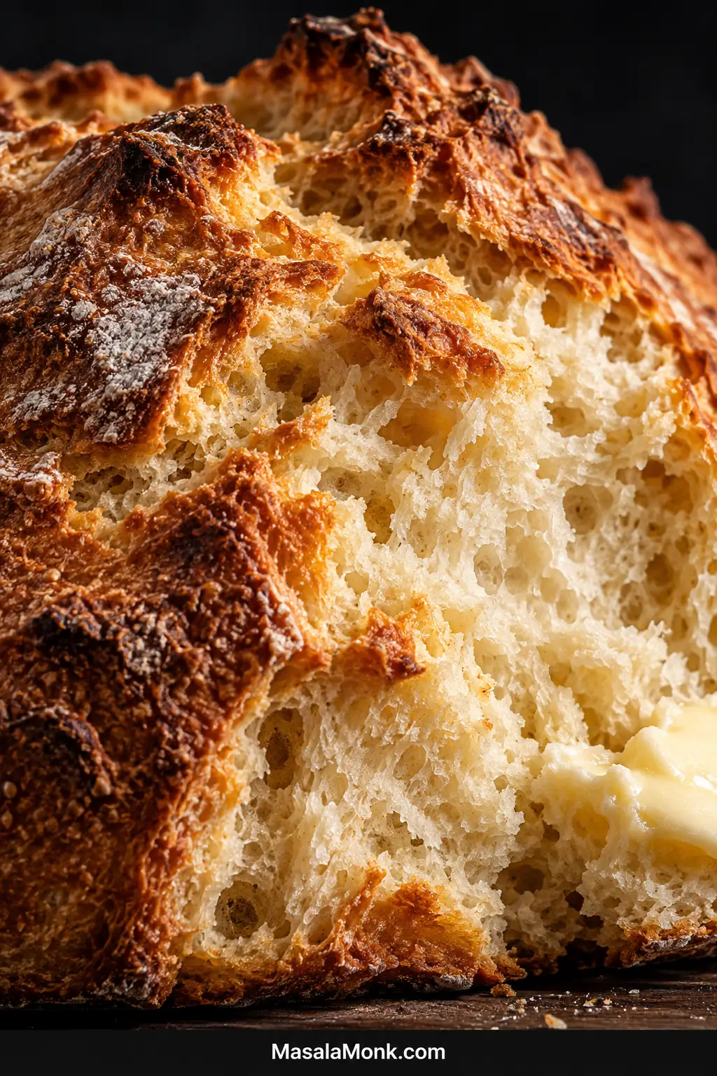 Extreme close-up of a craggy golden soda bread crust and pale, close-grained crumb with softened butter at the edge.