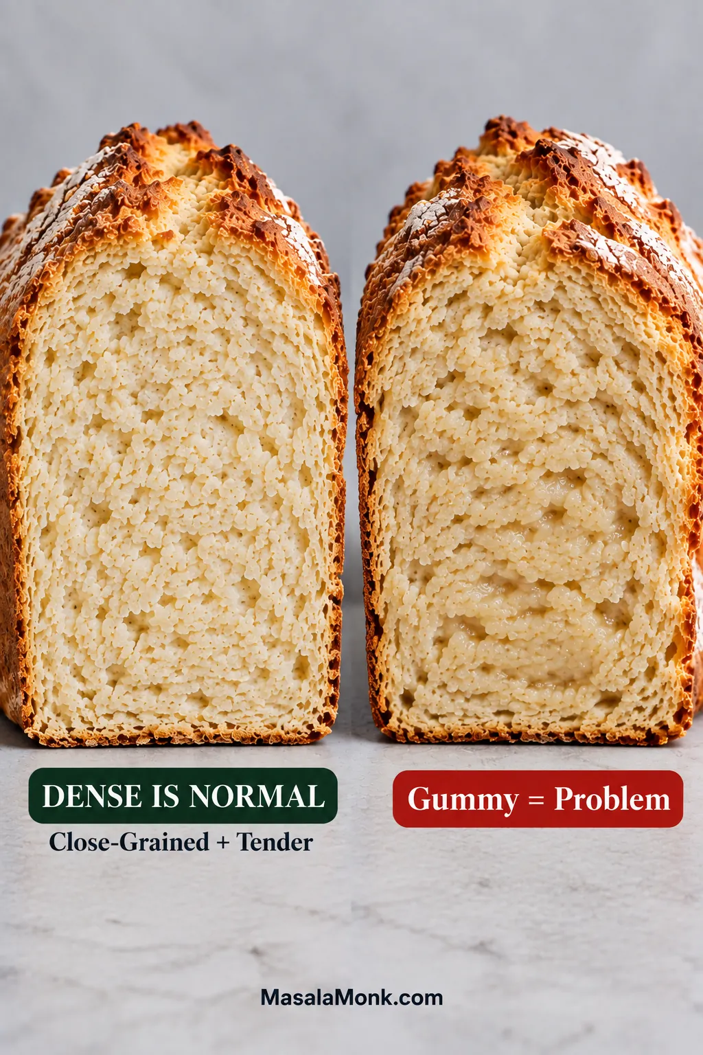 Two soda bread halves comparing a close-grained tender crumb with a darker, compressed gummy crumb labeled Gummy = Problem.