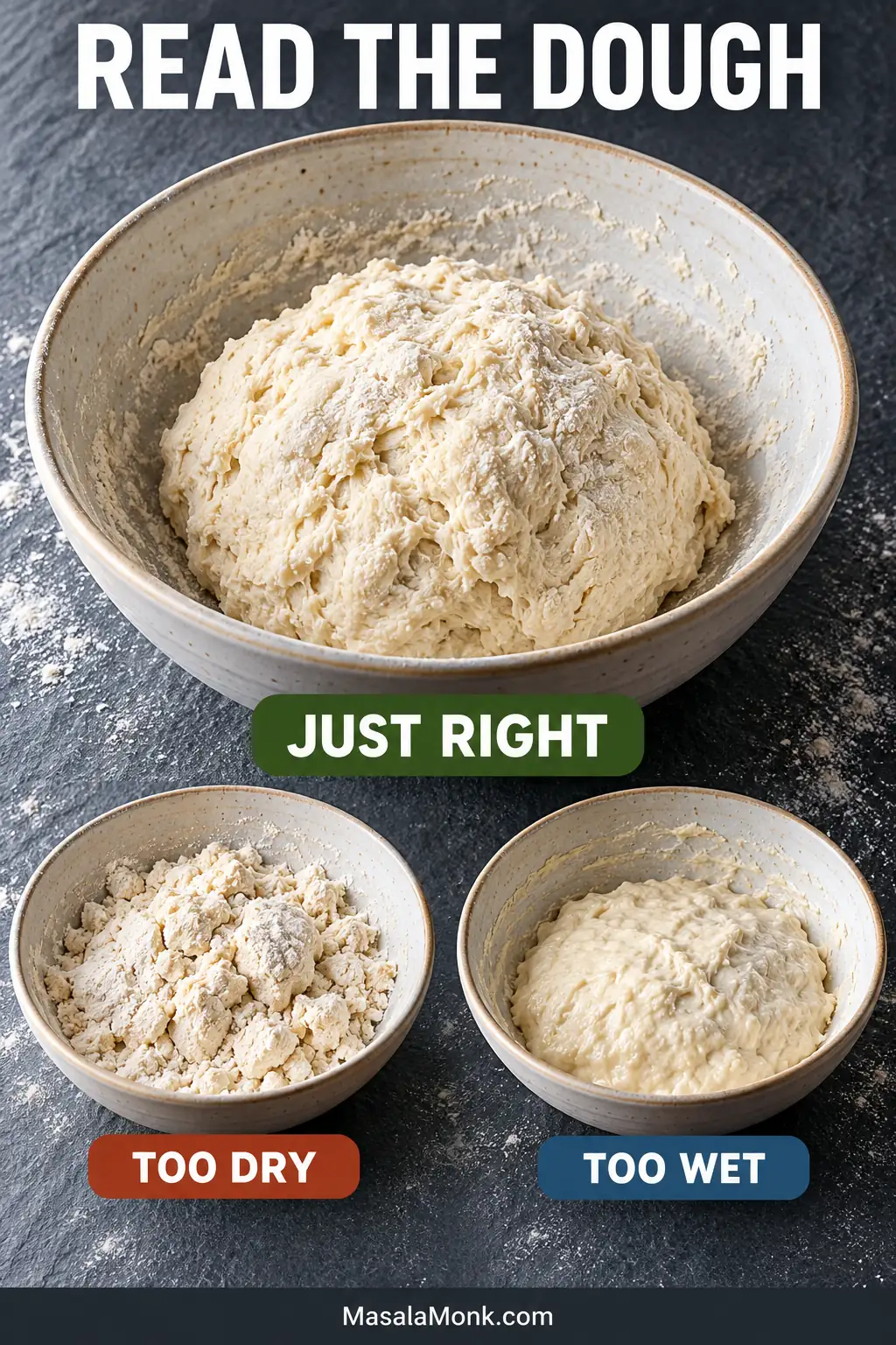 Comparison of three soda bread dough states labeled Too Dry, Just Right and Too Wet; the correct dough forms a soft, shaggy mound.