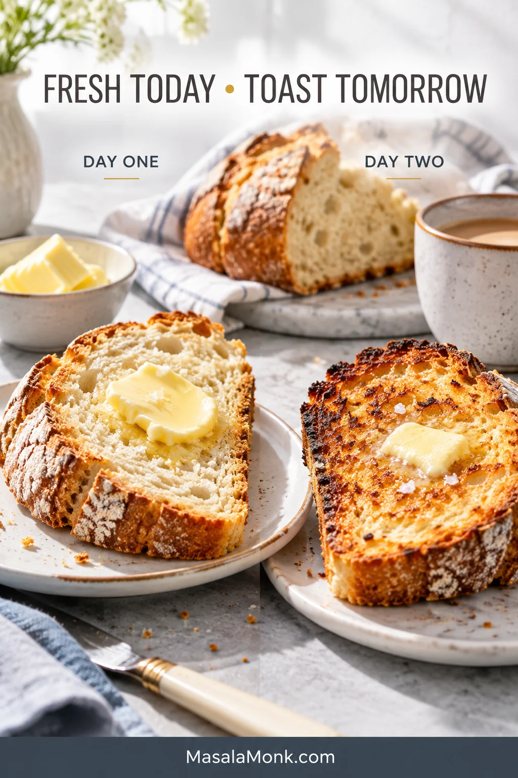 Fresh buttered Irish soda bread beside a deeply toasted buttered slice, labeled Day One and Day Two.