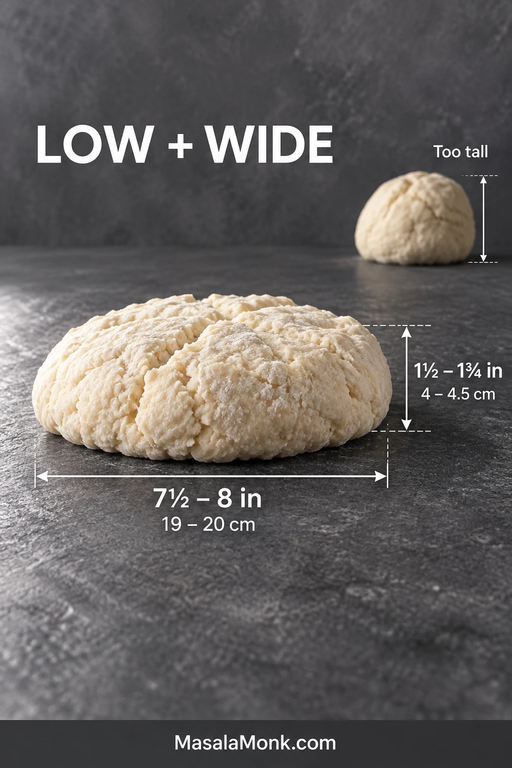 Side view of raw soda bread dough shaped into a low round, with arrows marking 7½–8 inches wide and 1½–1¾ inches high.
