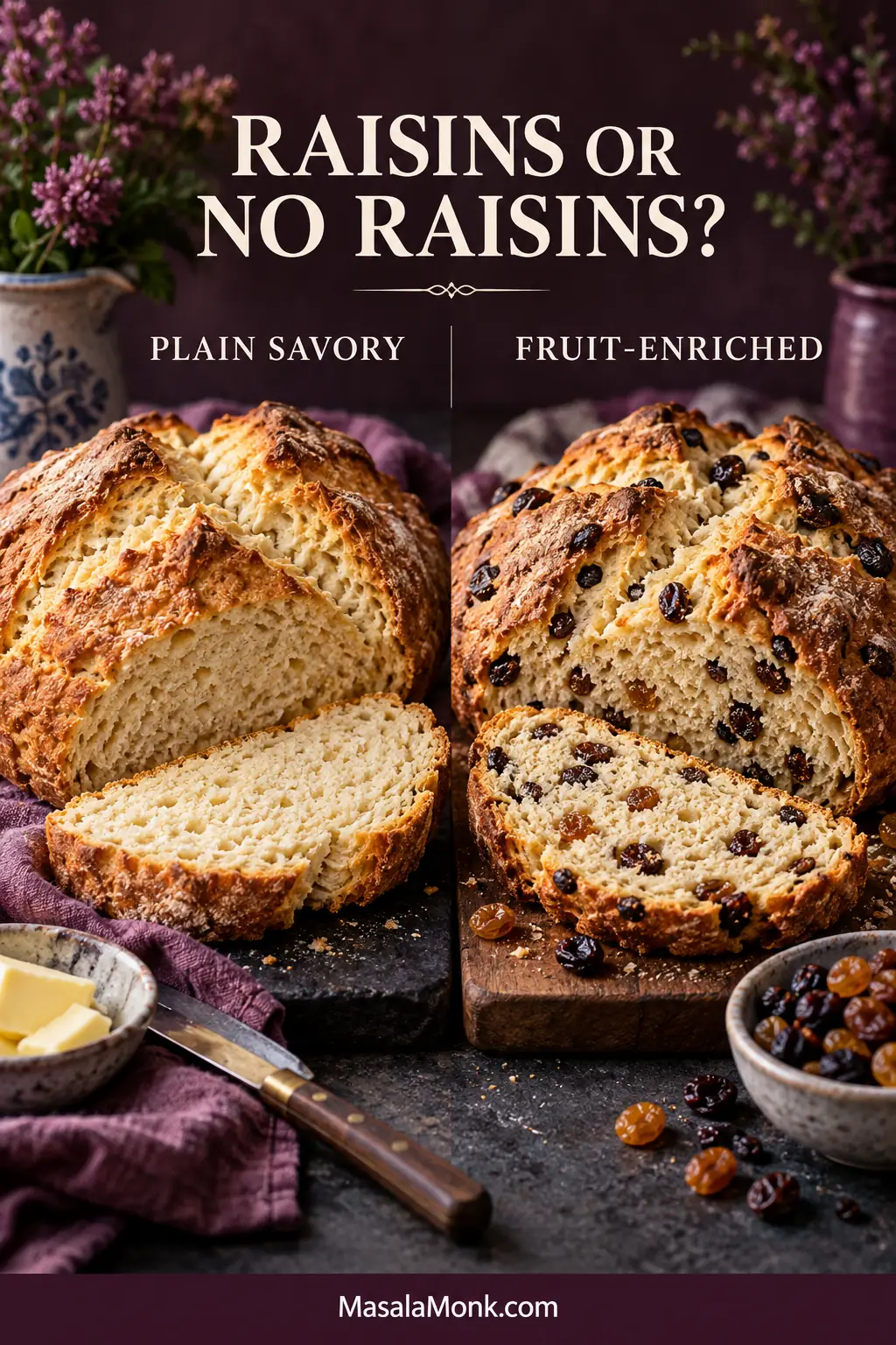 Plain white soda bread beside a fruit-enriched loaf dotted with raisins or currants.