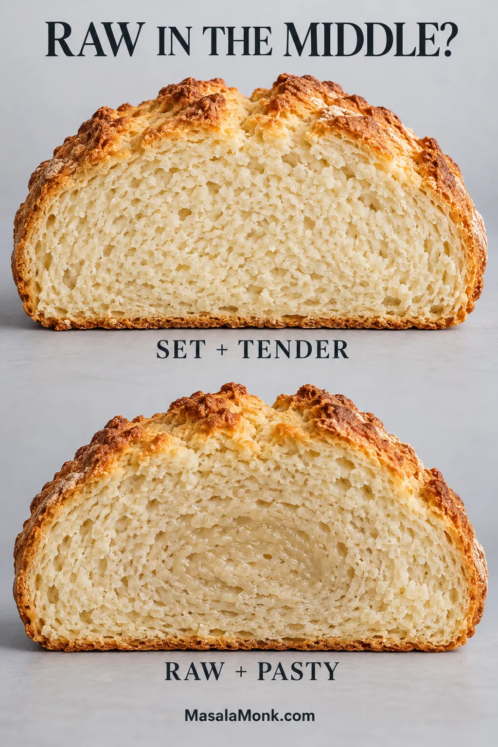 Two cut soda bread loaves labeled Set + Tender and Raw + Pasty; the underbaked loaf has a damp, compressed center.