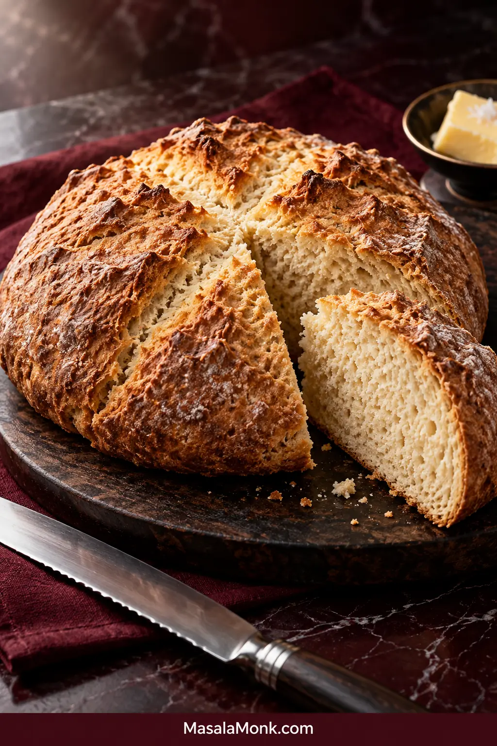 Low, round Irish soda bread on a dark red surface, deeply scored with an X and cut open to show a pale, close-grained crumb, with butter and a bread knife nearby.
