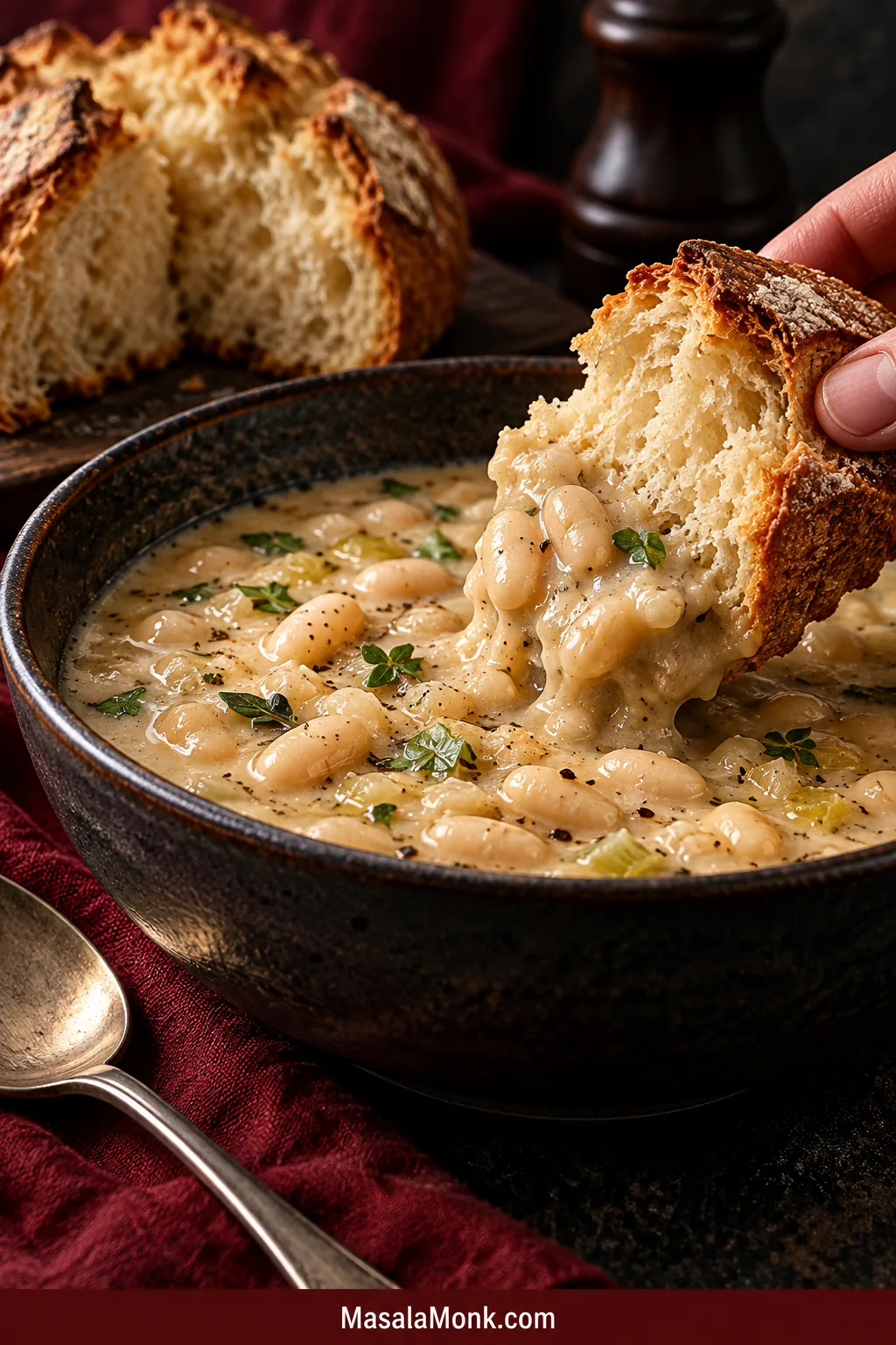 A hand dips a thick piece of Irish soda bread into creamy white bean soup with whole beans visible in a dark bowl.