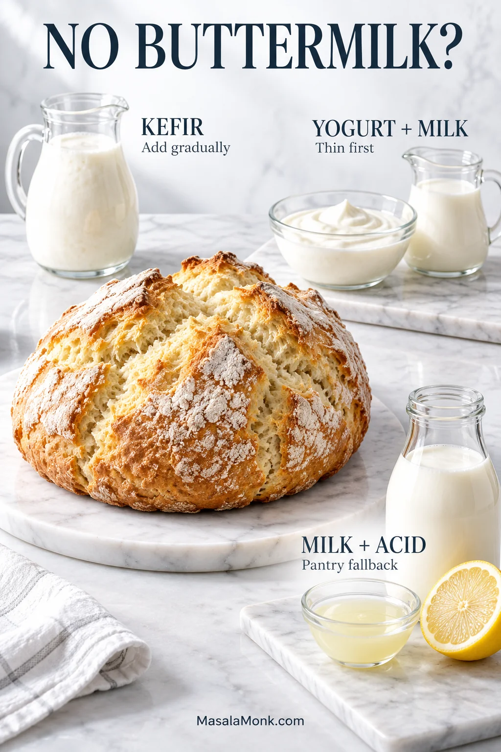 Kefir, thinned yogurt with milk, and milk with lemon shown as three buttermilk substitutes for Irish soda bread.