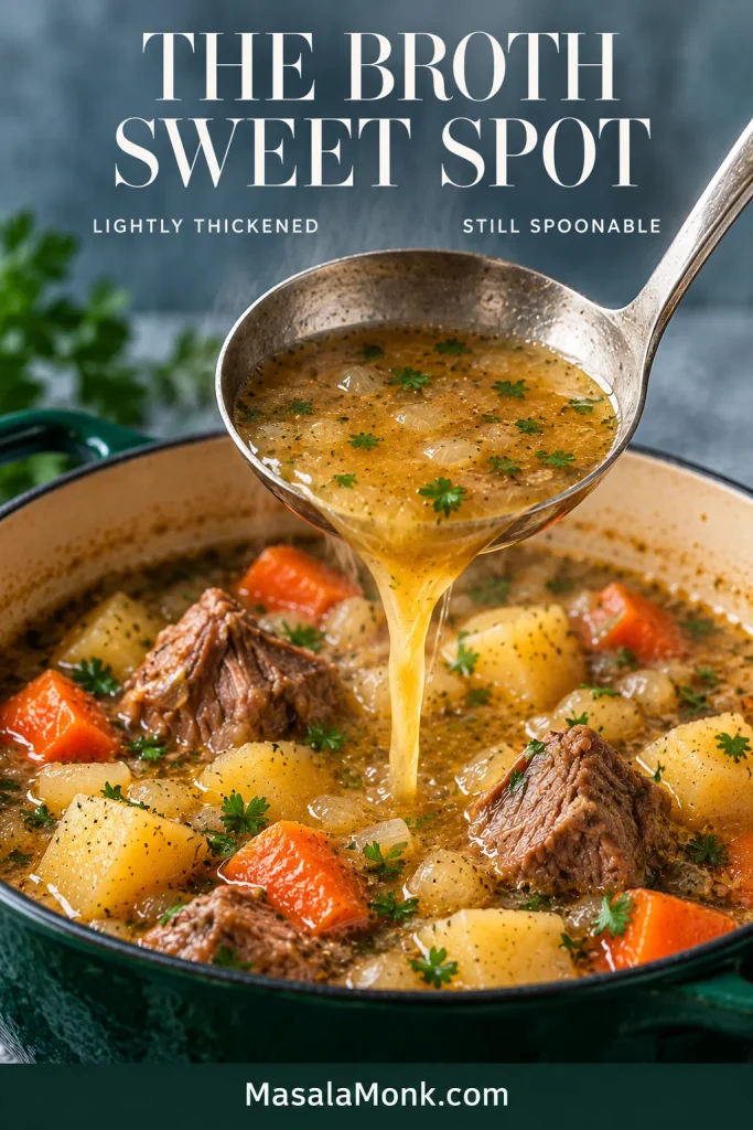 Ladle pouring golden Irish stew broth back into a pot of lamb, potatoes and carrots to demonstrate a lightly thickened but pourable consistency.