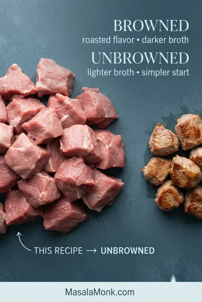 Side-by-side comparison of raw unbrowned lamb and browned lamb pieces, showing the visual difference between the two starting methods.