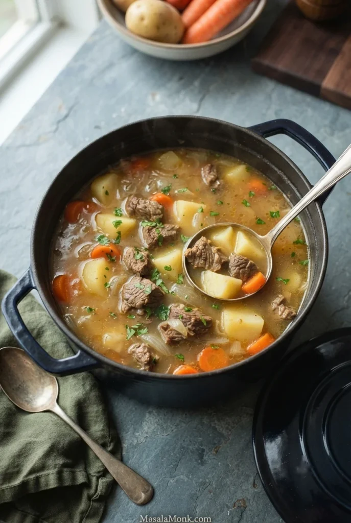 Finished Irish stew in a pot with lamb pieces, potatoes, carrots and onions surrounded by a loose, lightly cloudy broth.