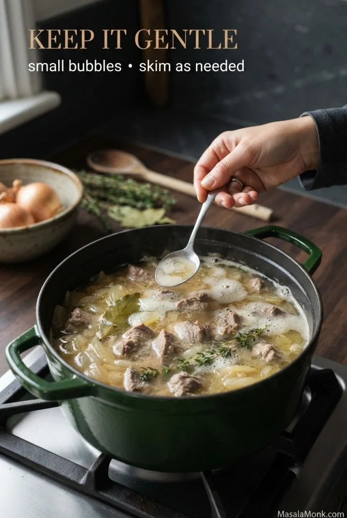 Spoon skimming pale foam from a gently simmering pot containing lamb and onions.